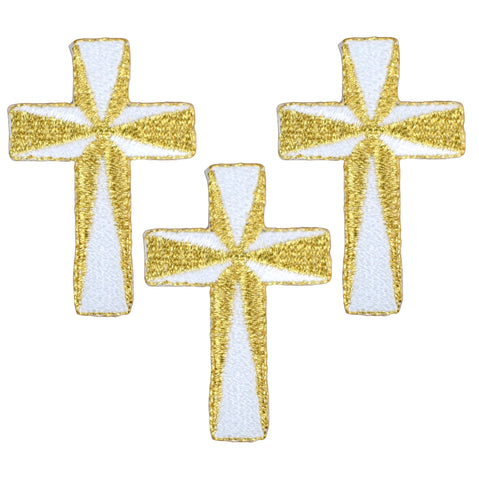 3-Pack Cross Applique Patch - Metallic Gold & White Christian Religious Embroidered Badge 2" (Iron Or Sew On)
