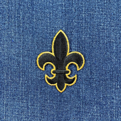 Fleur De Lis Applique Patch - Embroidered Black & Metallic Gold Saints Badge 2-5/8" (Iron On)