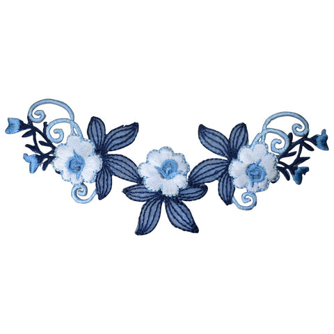 Large Flower Applique Patch -  Blue White Navy Bloom Badge 5-3/8" (Iron on)