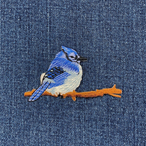 Blue Jay Applique Patch - Embroidered Bird & Branch Badge 2-7/8" (Iron On)