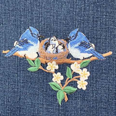 Blue Jay Nest Applique Patch - Fledgling Baby Bird Chicks Embroidered Badge 5" (Iron on)