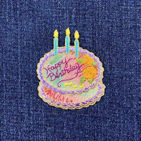 Cake & Candles Applique Patch - Embroidered Shimmery Happy Birthday Badge 2.5" (Iron On)