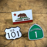 3-Pack California Pin Set - Highway 1 Sign CA Flag Hwy 101 Cast Metal Enamel Rubber Backing