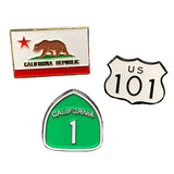 3-Pack California Pin Set - Highway 1 Sign CA Flag Hwy 101 Cast Metal Enamel Rubber Backing