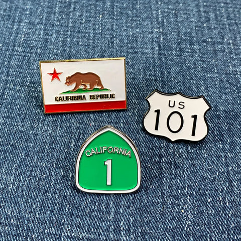3-Pack California Pin Set - Highway 1 Sign CA Flag Hwy 101 Cast Metal Enamel Rubber Backing