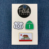 3-Pack California Pin Set - Highway 1 Sign CA Flag Hwy 101 Cast Metal Enamel Rubber Backing
