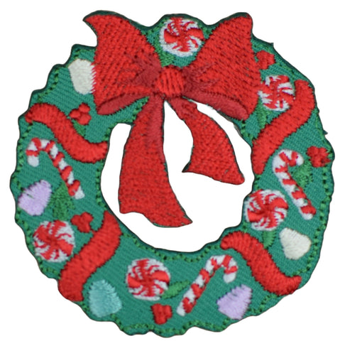 Christmas Wreath Applique Patch - Red Bow Candy Cane Peppermint 2.25" (Iron on)