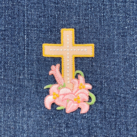 Cross & Lily Applique Patch - Embroidered Easter Lilies Christian Flower Badge 2-3/8" (Iron On)