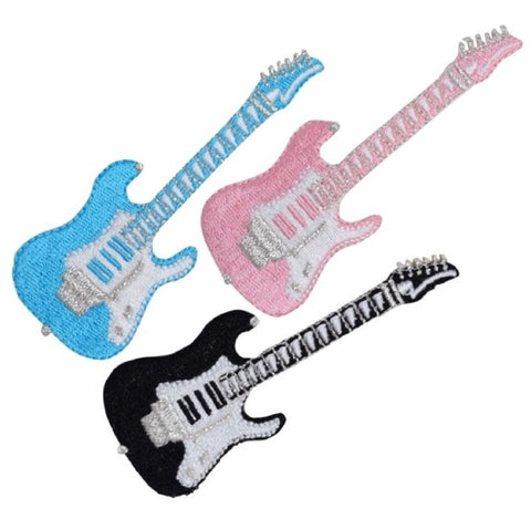 Electric Guitar Applique Patch Set - Musical Instrument Embroidered Badge 3.25" (3-Pack, Iron on)
