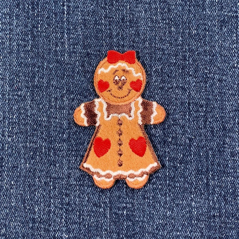 Gingerbread Girl With Hearts Applique Patch - Embroidered Christmas Cookie Badge 2.5" (Iron On)