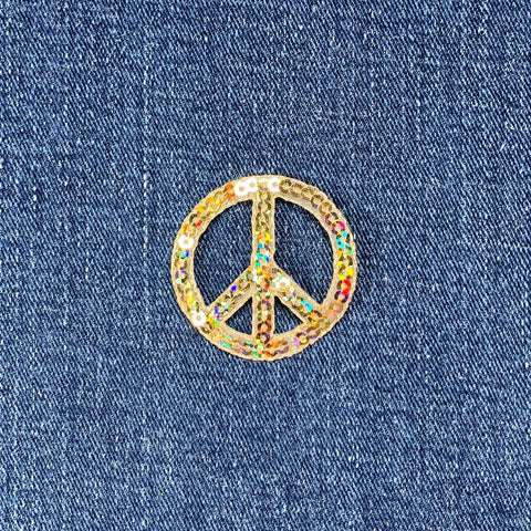 Sequin Peace Sign Applique Patch - Gold Embroidered World Peace Badge 1.5" (Iron on)