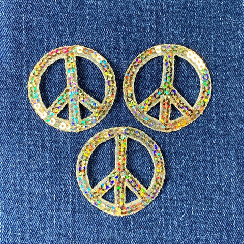 3-Pack Sequin Peace Sign Applique Patch - Gold Embroidered World Peace Badge 1.5" (Iron On)