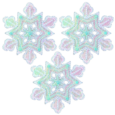 3-Pack Blue Snowflake Applique Patch - Medium Shimmery Snow Embroidered Winter Badge 1-7/8" (Iron On)