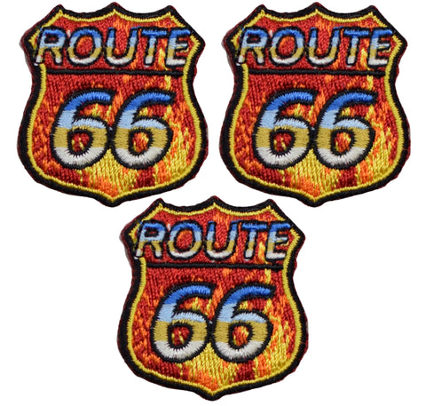 Mini Route 66 Patch - Fire Flames Biker Rt. 66 Badge 1.5" (3-Pack, Iron on)
