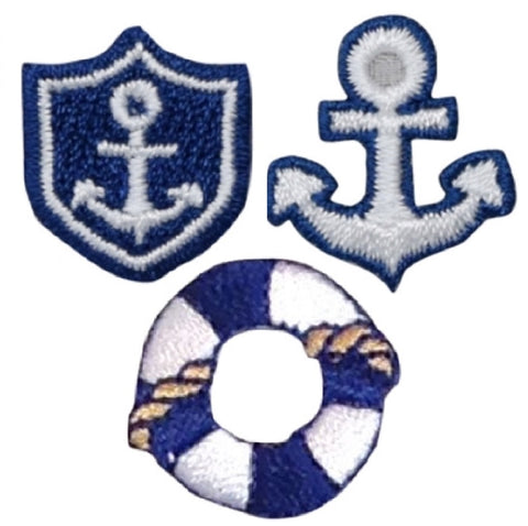 Mini Sailing Applique Patch Set - Nautical Anchor Life Preserver (3-Pack, Iron on)
