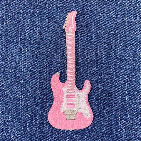 Pink Guitar Applique Patch - Embroidered Music Instrument Badge 3.25" (Iron On)