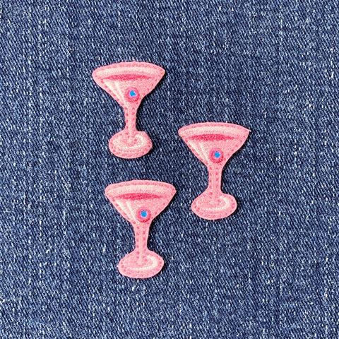 3-Pack Martini Applique Patch - Embroidered Pink Cocktail & Alcohol Badge 1" (Iron On)
