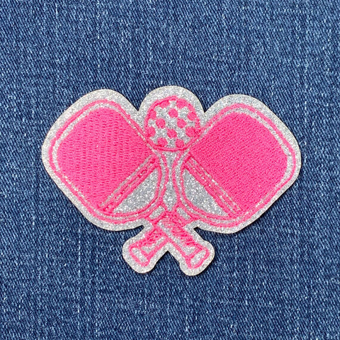 Pink Pickleball Applique Patch - Embroidered Glittery Pickle Ball Sports Badge 3" (Iron Or Sew On)