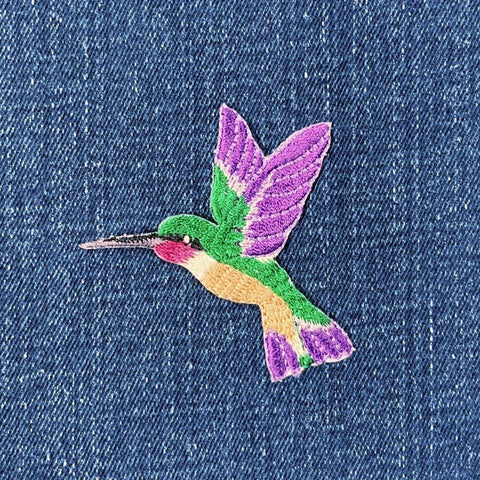 Hummingbird Applique Patch - Purple & Green Facing Left Embroidered Bird Badge 2-1/8" (Iron On)