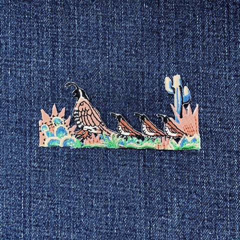 Quail Family Applique Patch - Embroidered Chicks Birds Cactus Desert Badge 3.5" (Iron On)