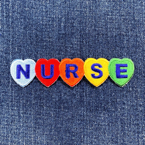 Nurse Applique Patch - Embroidered Rainbow Hearts Badge 4" (Iron On)