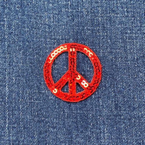 Peace Sign Applique Patch - Embroidered Red Sequin Badge 1.5" (Iron On)