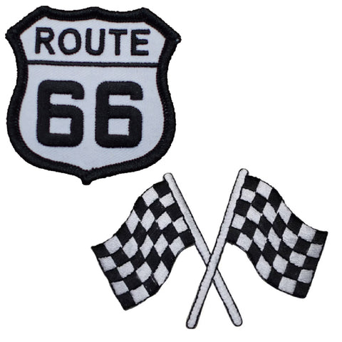 Route 66 & Checkered Flags Patch Set - Rt. 66 Muscle Car Racing Badges (2-Pack, Iron on)