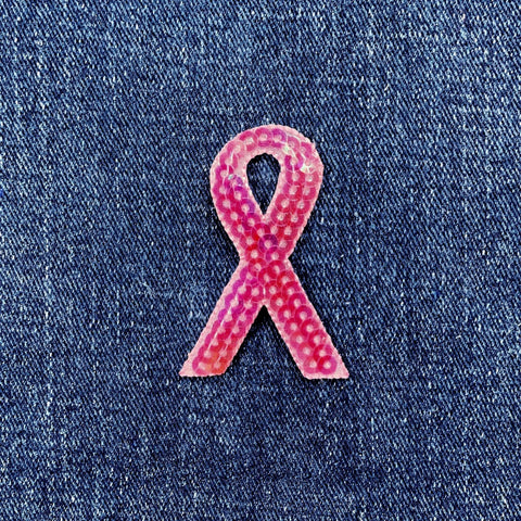 Pink Sequin Ribbon Applique Patch - Breast Cancer Awareness Badge 2" (Iron on)