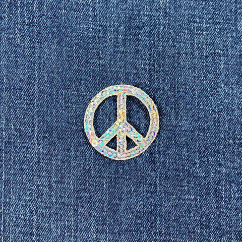Sequin Peace Sign Applique Patch - Silver World Peace Badge 1.5" (Iron On)