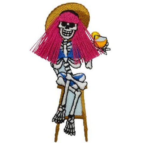 Skeleton & Cocktail Applique Patch - Long Hair, Bar, Alcohol 2-3/4" (Iron on)