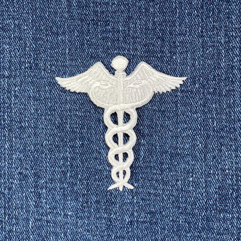 Caduceus Applique Patch - Embroidered Doctor Nurse Medical Badge 2.25" (Iron On, White)