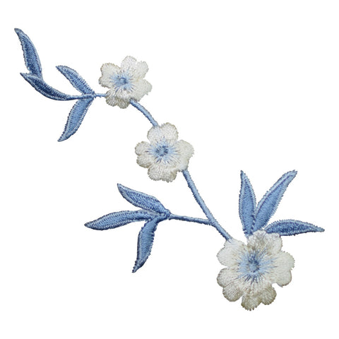 Flower Applique Patch - Blue Stem, White Bloom Badge 4-1/8" (Iron on)