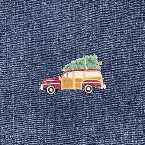 Woodie Station Wagon Applique Patch - Embroidered Christmas Tree & Car Badge 2.5" (Iron On)