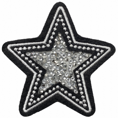 Crushed Crystal Star Applique Patch - Black White & Silver  2-7/8" (Iron on)