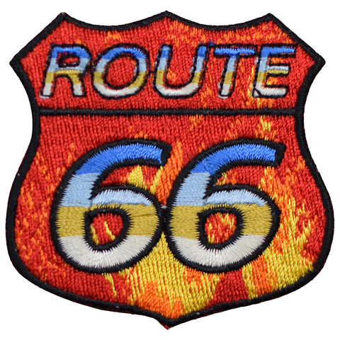 Route 66 Patch - Fire, Flames, Motorcycle Rt 66 Badge 2.5" (Iron on) - Patch Parlor