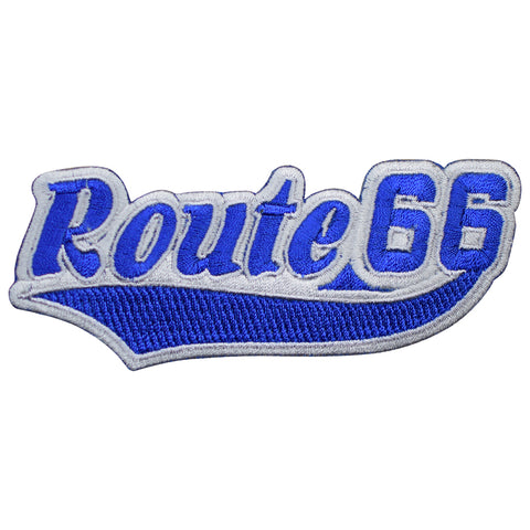 Route 66 Patch - Blue/White Rt. 66 Script Badge 4-7/8" (Iron on) - Patch Parlor