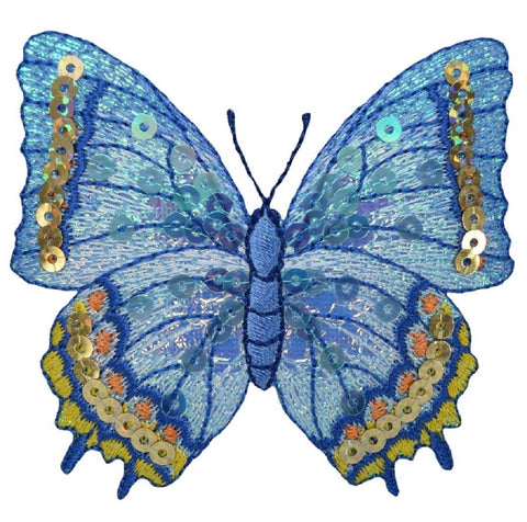 Butterfly Applique Patch - Sequin, Blue/Yellow Insect Badge 3-1/8" (Iron on) - Patch Parlor