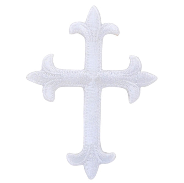 4 Cross, Fleur de Lis, Religious, Embroidered, Iron-On Patch (White)