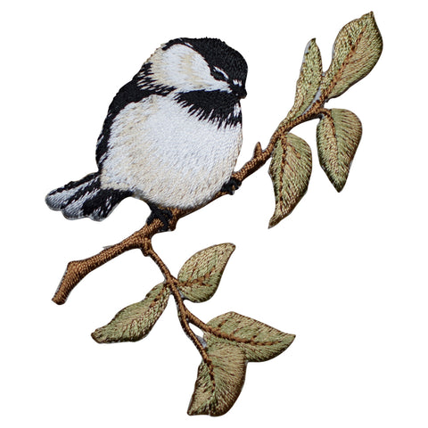 Chickadee Bird Applique Patch - Branch, Leaves 3.25" (Iron on) - Patch Parlor