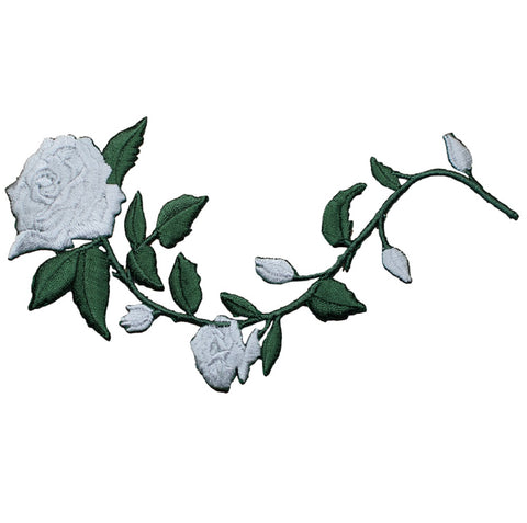 White Rose Applique Patch - Long Stem, Flower Badge 5.5" (Iron on) - Patch Parlor