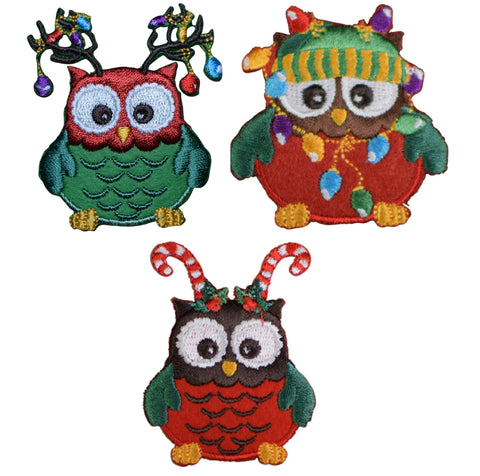 Christmas Owls Applique Patch - String of Lights, Antlers, Candy Cane (3-Pack, Iron on) - Patch Parlor
