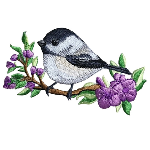 Chickadee Bird Applique Patch - Branch, Flowers 3.5" (Iron on) - Patch Parlor
