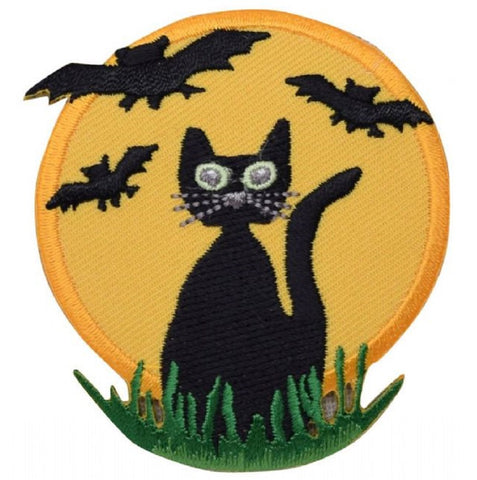 Black Cat Applique Patch - Halloween, Bats, Full Moon 2-3/4" (Iron on) - Patch Parlor