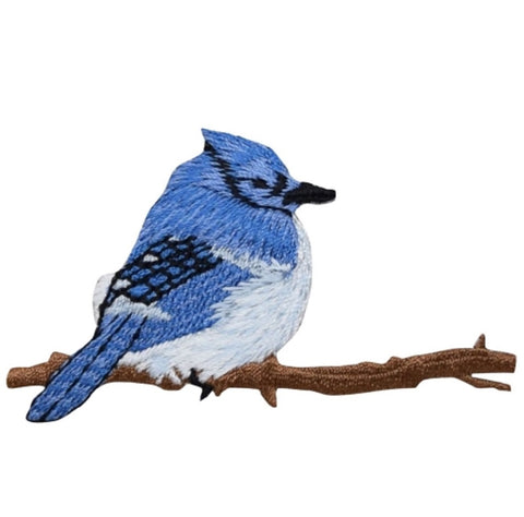 Bird Applique Patch - Blue Jay, Tree Branch 2-7/8" (Iron on) - Patch Parlor