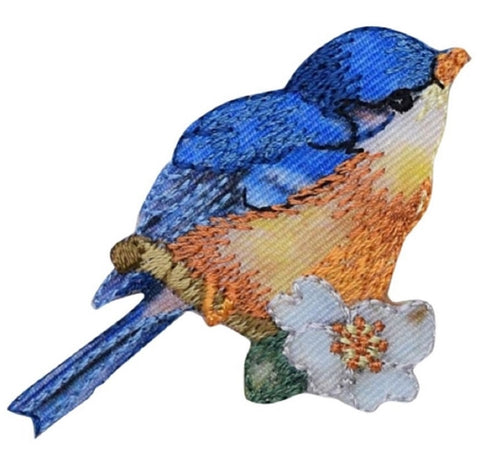 Bluebird Applique Patch - White Flower, Bird, Branch, Leaf Badge 2" (Iron on)