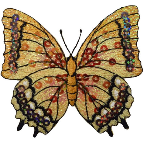 Butterfly Applique Patch - Sequin, Yellow/Orange Insect Badge 3-1/8" (Iron on) - Patch Parlor