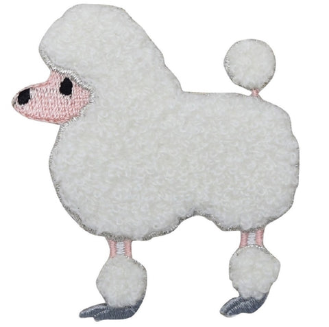 Chenille Poodle Applique Patch - White Dog, Canine Badge 2-5/8" (Iron on) - Patch Parlor