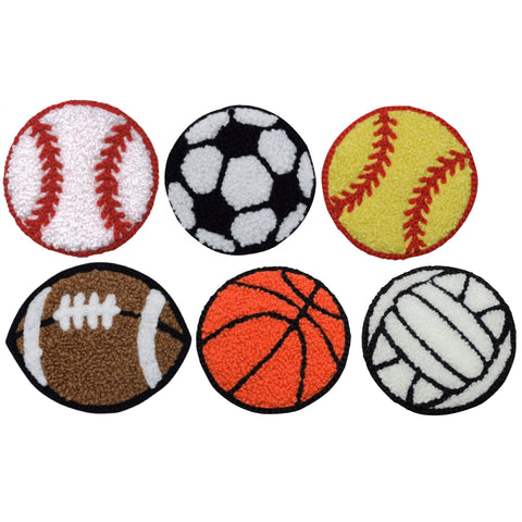Chenille Sports Ball Patch Set - Letterman Jacket Badge 2-3/8" (6-Pack, Iron on) - Patch Parlor
