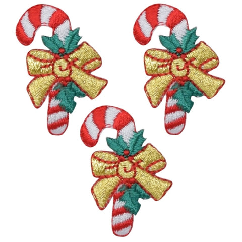 Candy Cane Applique Patch - Christmas Treat, Gold Bow 1.25" (3-Pack, Iron on) - Patch Parlor