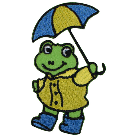 Frog with Umbrella Applique Patch - Happy Frog with Rain Gear 3.25" (Clearance, Iron on)